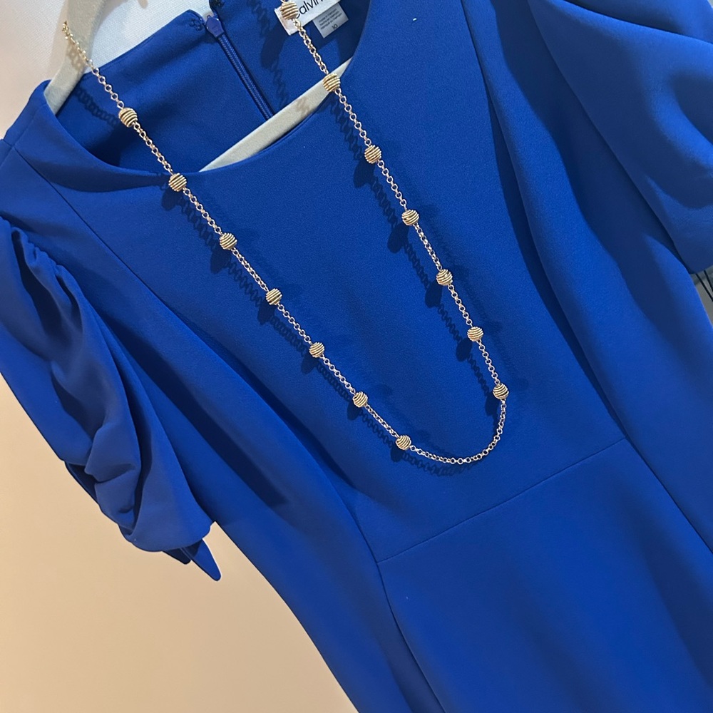 Calvin Klein Royal Blue Dress with Gold Necklace